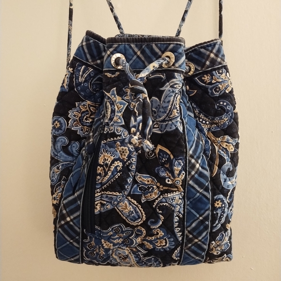 Vera Bradley Handbags - Vera Bradley Drawstring Backpack Blue Floral and Plaid Pattern